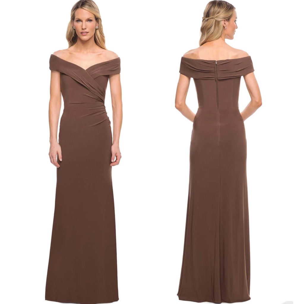 La Femme Off The Shoulder Jersey Dress Gown 27959 In Cocoa Brown Size 6 Nwt